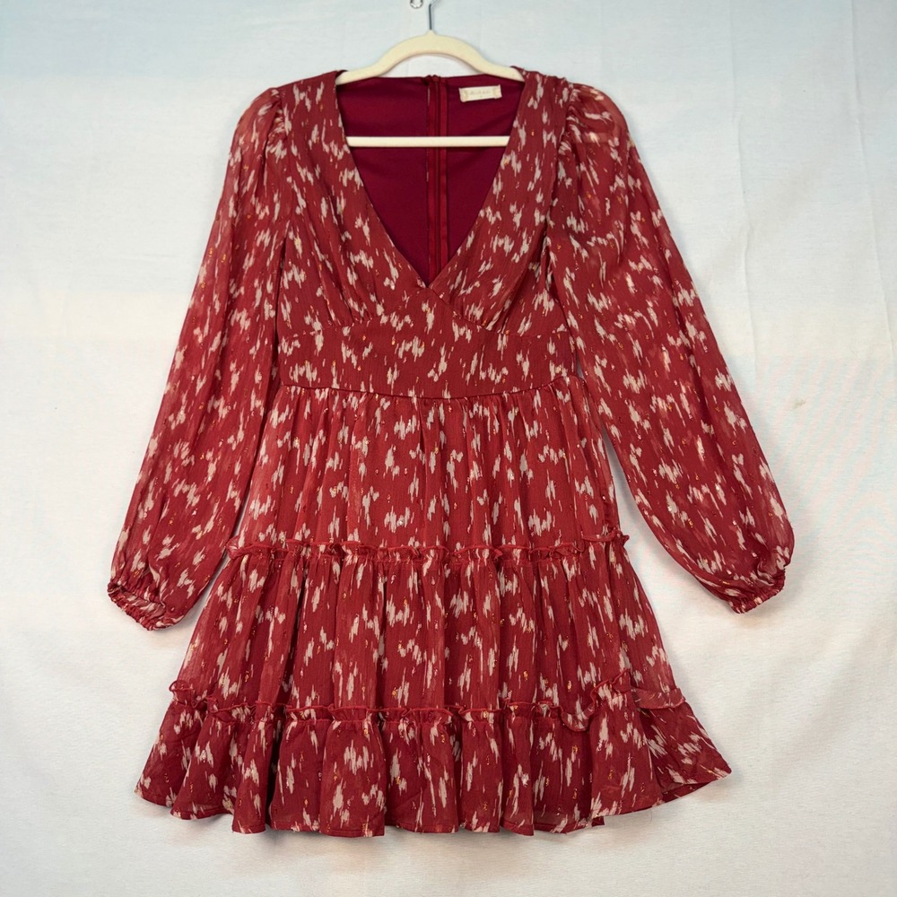 Altar'd State Mauve Cream Ikat Metallic Ruffle Mini Dress Small DR96056B-GI